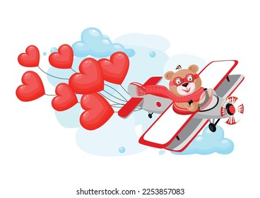 teddy bear in love pilot flies on an airplane with heart-shaped balloons. Happy Valentine's Day greeting card. Vector illustration in cartoon style.