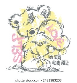 Teddy Bear loves slogan vector illustrations. Love message and hand-drawn design teddy bear. Graphic t-shirt design, love slogan with a cute bear toy, vector illustration for t-shirt.