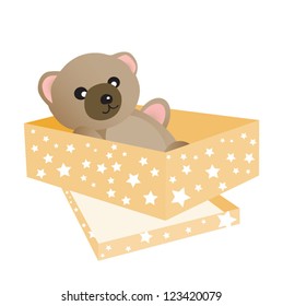 Teddy Bear lying in the golden box
