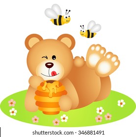 Teddy bear lying holding honey
