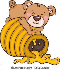 Teddy bear lying on honey pot