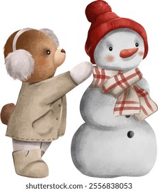 Teddy bear makes a snowman. Gender neutral kids watercolor vector isolated illustration