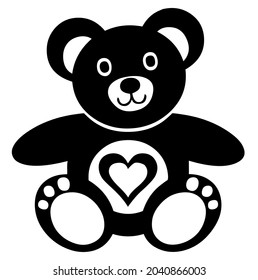 Teddy bear male, famous children stuffed plush toy, vector, illustration, symbol in black and white color, isolated on white background  