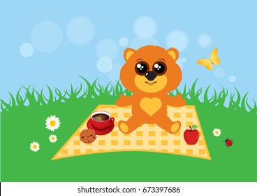 Teddy bear in the meadow vector. Cute teddy bear vector illustration. Teddy bear in summer
