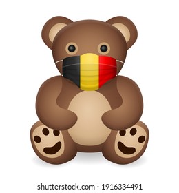 Teddy bear with medical mask Belgium flag on a white background. Vector illustration.