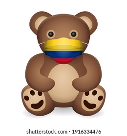Teddy bear with medical mask Colombia flag on a white background. Vector illustration.