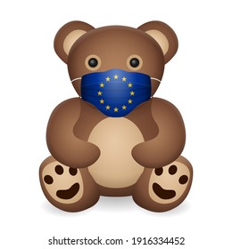 Teddy bear with medical mask EU flag on a white background. Vector illustration.