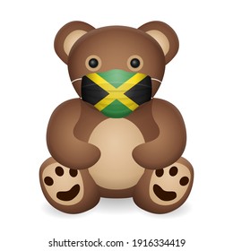 Teddy bear with medical mask Jamaica flag on a white background. Vector illustration.