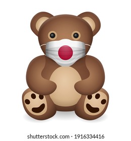 Teddy bear with medical mask Japan flag on a white background. Vector illustration.