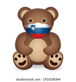 Teddy bear with medical mask Slovenia flag on a white background. Vector illustration.