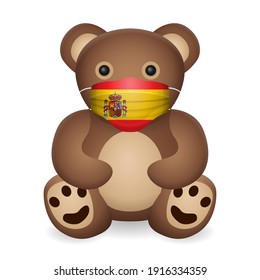 Teddy Bear With Medical Mask Spain Flag On A White Background. Vector Illustration.