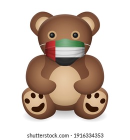 Teddy bear with medical mask UAE flag on a white background. Vector illustration.