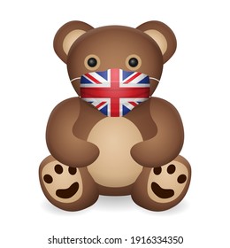 Teddy bear with medical mask UK flag on a white background. Vector illustration.