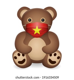 Teddy bear with medical mask Vietnam flag on a white background. Vector illustration.
