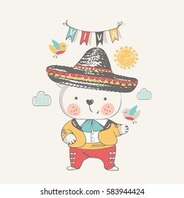 teddy bear in Mexican dress.hand drawn vector illustration.can be used for kid's or baby's shirt  design,fashion graphic,kids wear,baby shower card,celebration card,greeting card, invitation card