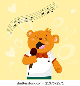 Teddy bear with microphone sings songs, vector for children's design