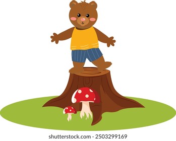 teddy bear and mushrooms. A teddy bear on a log. dancing bear
