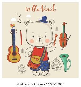 Teddy bear with musical instruments. cartoon hand drawn vector illustration. Can be used for baby t-shirt print, fashion print design, kids wear, baby shower celebration greeting and invitation card.