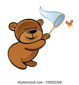 Teddy bear with net chasing little butterfly