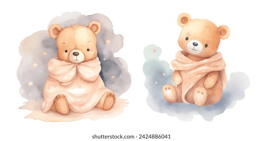 teddy bear with night sky watercolor vector illustration