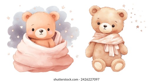 teddy bear with night sky watercolor vector illustration