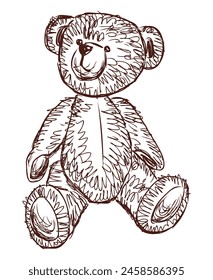 Teddy bear old plush toy doodle sketch  vector hand drawn illustration isolated on white