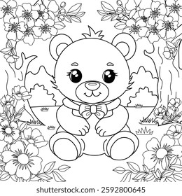 Teddy bear on the background of flowers and sakura blossoms. Coloring for children's development. Vector illustration.