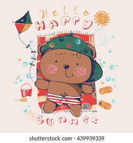  Teddy bear  on the beach/hand drawn vector illustration/can be used for kid's or baby's shirt design/fashion print design/fashion graphic/t-shirt/kids wear/tee