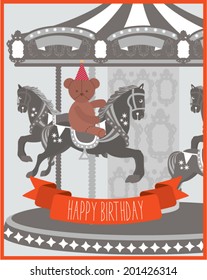 teddy bear on carousel birthday card template vector/illustration