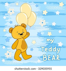 Teddy bear on a colorful background. Vector print for children's wear.