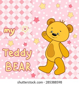 Teddy bear on the colorfull background.  Vector print for children wear.