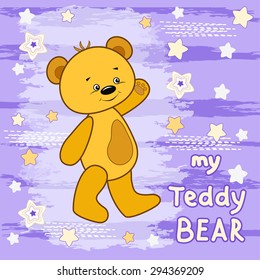Teddy bear on the colorfull background.  Vector print for children wear.