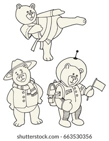 Teddy Bear on different roles - Karate Bear, Traveler Bear and Astronaut Bear, hand drawn vector illustration