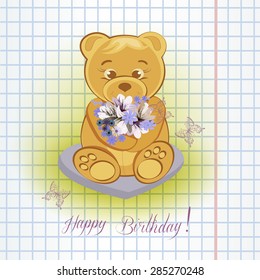 Teddy bear on the meadow with flowers. Background exercise book in cell