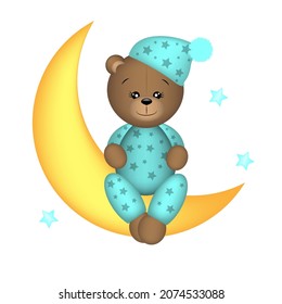 Teddy bear on the moon in pajamas cute illustration for decorating textile gift wrapping and other baby accessories Vector illustration