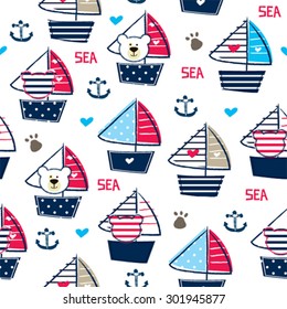 teddy bear on ship seamless pattern background vector illustration