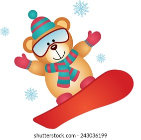 Teddy bear on a snowboard