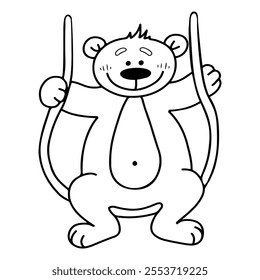 Teddy bear on a swing coloring book hand drawn. Cute animal. Smile. Fun game. Vector line art cartoon illustration. Page for kids and adults.
