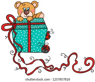 Teddy bear on top a blue gift and red ribbon with ladybugs
