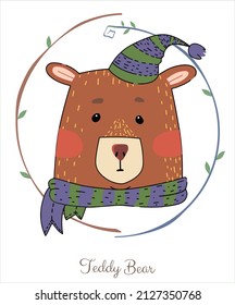 Teddy bear on a transparent background in a cute frame. Illustrations for children's books and magazines. Vector art.