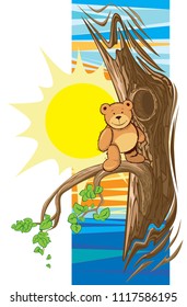 Teddy bear on a tree branch, against the background of the sun and the abstract sky