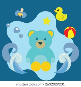 Teddy Bear, bear on the water, Duck toy, Ball, Cute doll, Baby Toys, Seamless Pattern