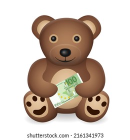 Teddy bear with one hundred euro banknote on a white background. Vector illustration.