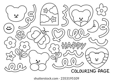Teddy bear outline drawing for cartoon character, comic, logo, icon, kid or adult colouring book, colouring page, tattoo, sticker. Sky, cloud, flowers, moon, abstract doodles, butterfly also included