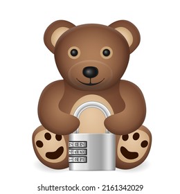 Teddy bear with padlock on a white background. Vector illustration.
