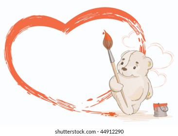 Teddy bear paints the red heart. Cartoon illustration with "hand-drawn" pencil outline.