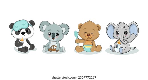 Teddy bear, panda cub, koala cub and baby elephant with milk bottle. Set of cartoon baby animals. Vector illustration