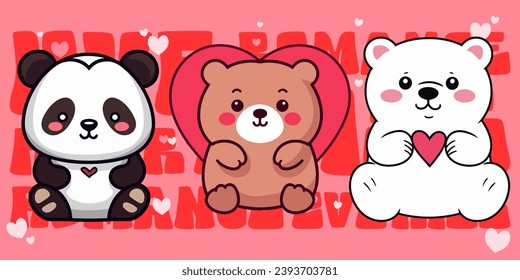 Teddy Bear, Panda, Polar Bear: A Cute Set Collection for Valentine’s Day. Vector Compositions with Bears, Hearts in Flat Style
