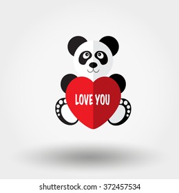 Teddy bear Panda with a red heart. Love you. Icon for web and mobile application. Vector illustration on a white background. Flat design style.