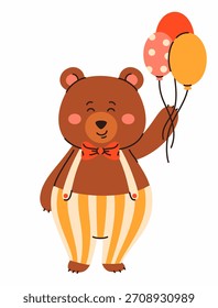 A teddy bear in pants holding balloons. Birthday and holiday elements.